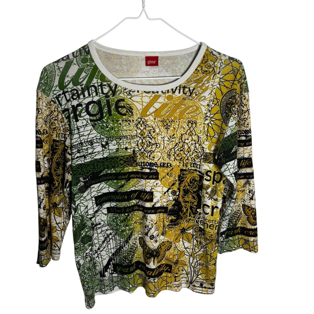 Glima Y2K butterfly floral geometric quotes 3/4 sleeve blouse green/yellow black